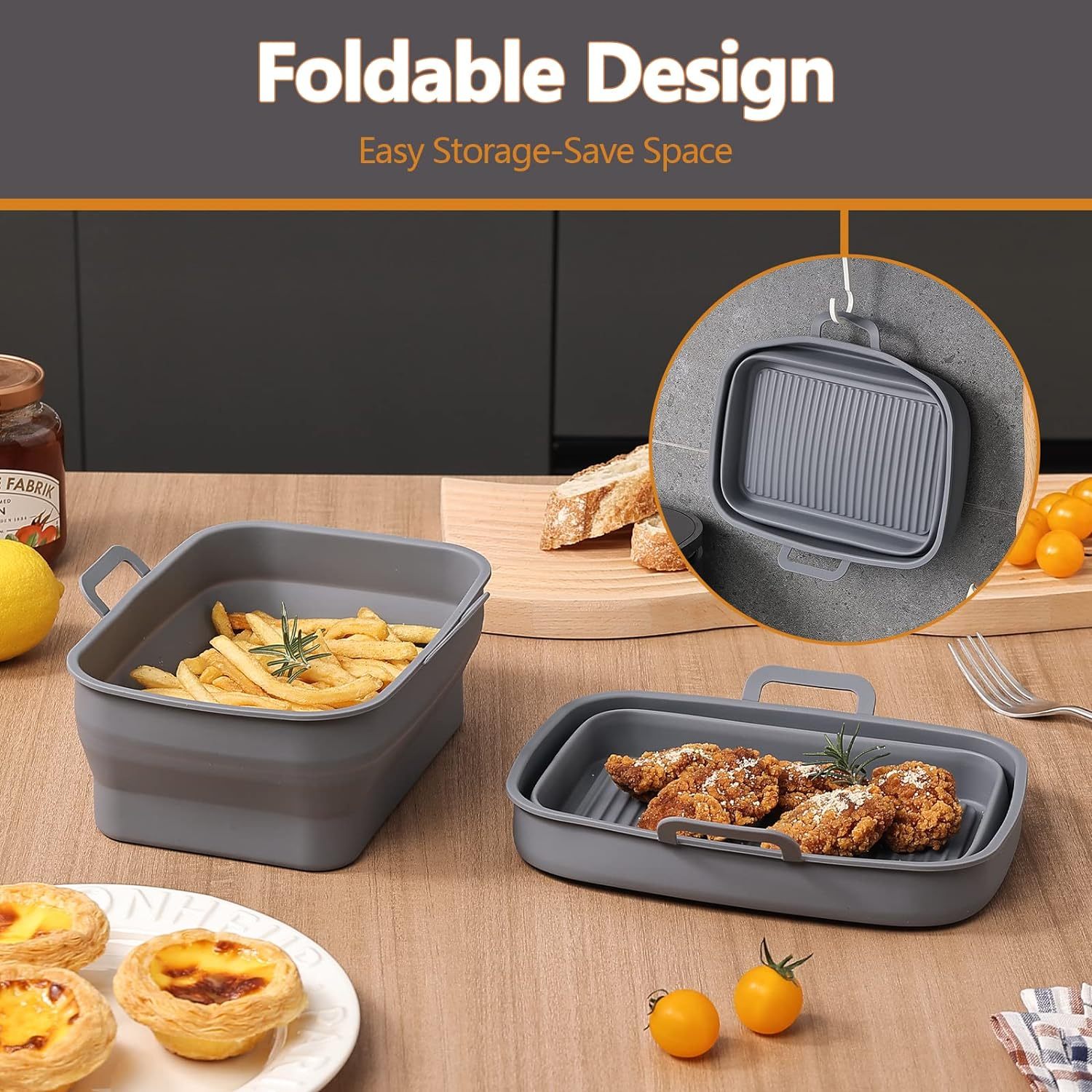 Collapsible Air Fryer Silicone Liners,Collapsible Air Fryer Silicone Liners for 8QT & 10QT Rectangular Air Fryer Silicone Pot, Reusable Silicone Air Fryer Basket，silicone air fryer liners, air fryer silicone liners, air fryer basket liners,