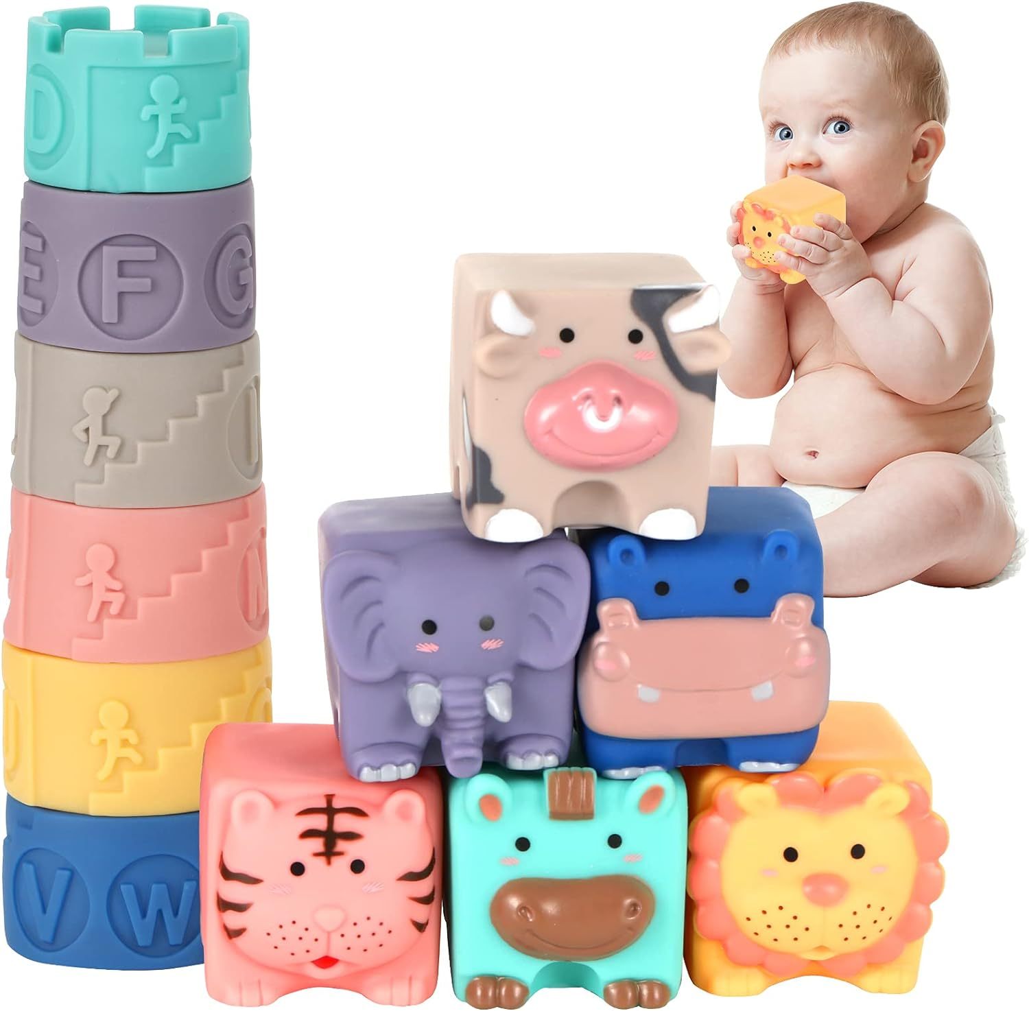 Soft Stacking Building Blocks toys,Baby Blocks stacking toys-Baby Toys for Toddler Baby Girl Boy 0-3-6-9-7-8-12-18 Months-Soft Stacking Building Blocks-Montessori Infant Teething Chewing Toy-Squeeze Sensory Toys-Newborn Baby Bath Toy