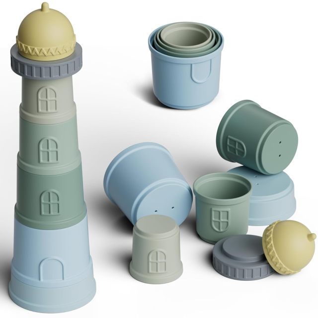 Lighthouse Stacking Cups Baby Toys,Lighthouse Stacking Cups Baby Toys, 7Pcs Silicone Soft Teething Toy & Baby Bathing Toys with Fun Educational, Best Gift Age 6+ Months