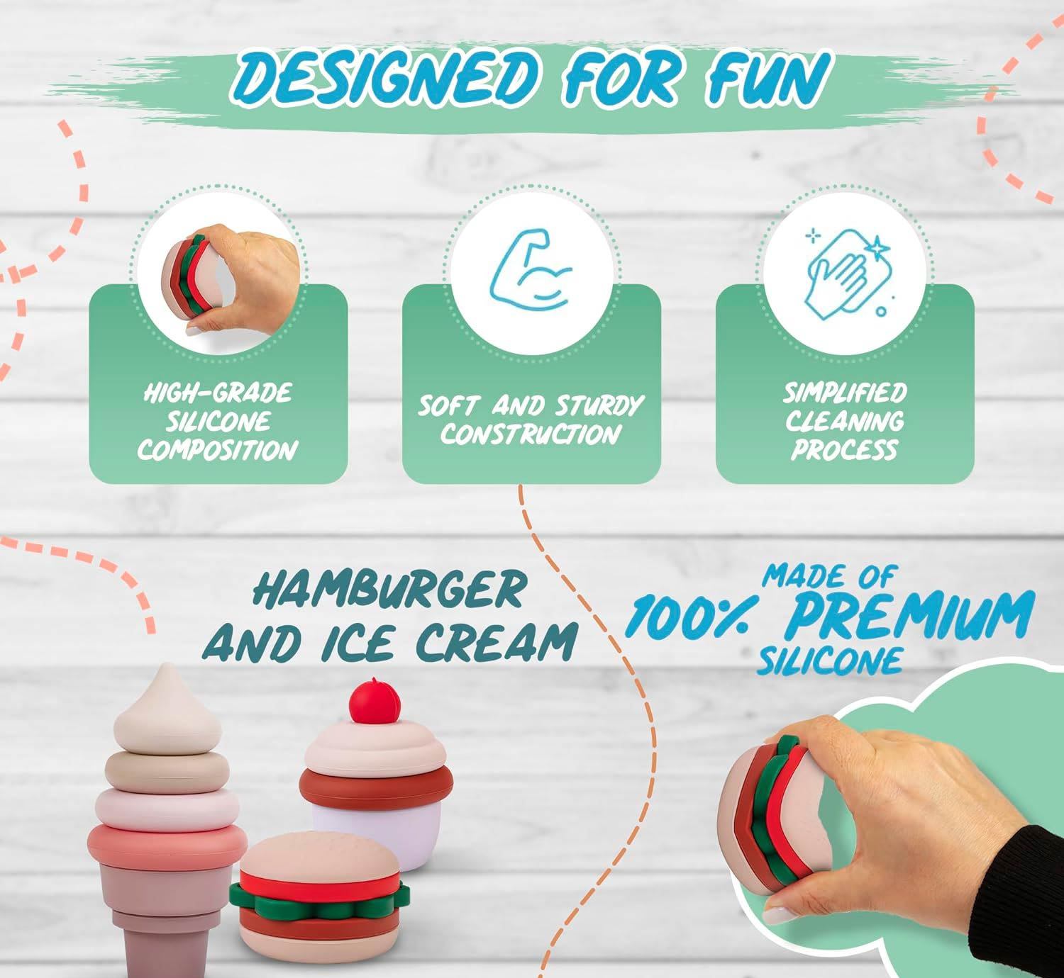 BPA-Free Silicone Toddler Stackable Toys,BPA-Free Silicone Toddler Stackable Toys- Stacking Blocks, Stacking Cups or Stacking Rings, Stacking Toys for Toddlers 6-12 Months to 3 Years Old- Burger | Cake- Ice Cream Baby Stacking Toys