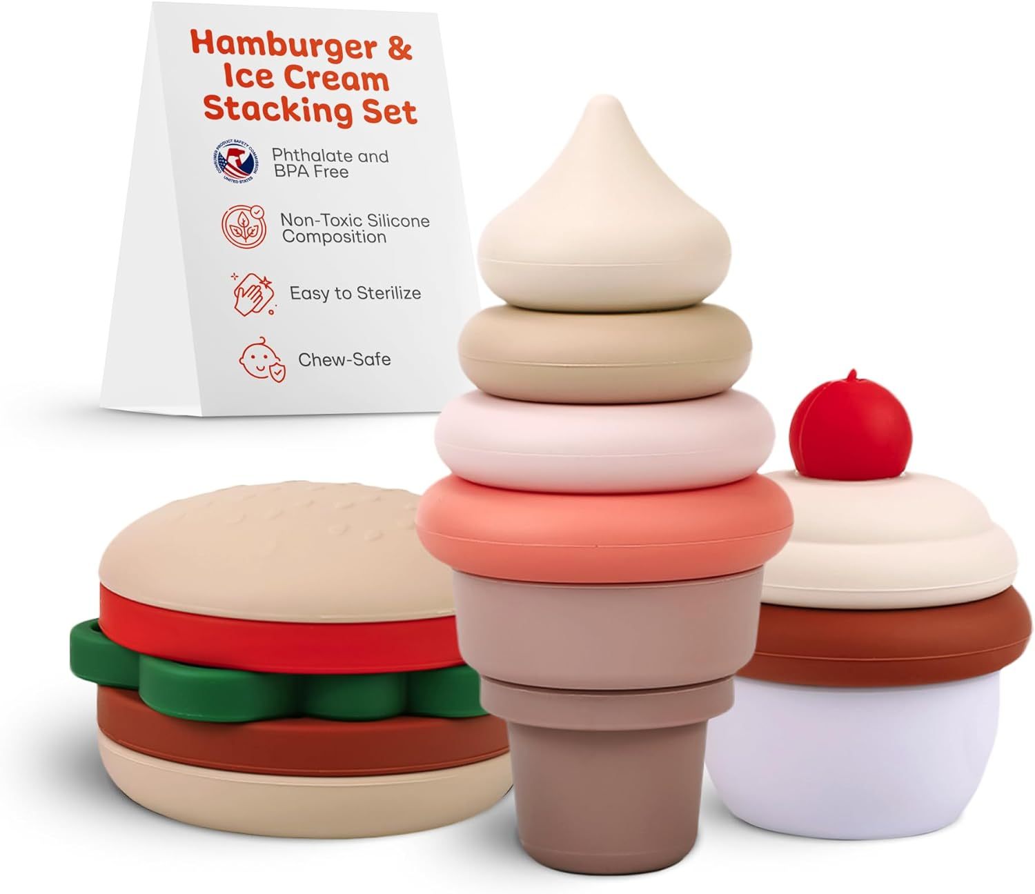 BPA-Free Silicone Toddler Stackable Toys,BPA-Free Silicone Toddler Stackable Toys- Stacking Blocks, Stacking Cups or Stacking Rings, Stacking Toys for Toddlers 6-12 Months to 3 Years Old- Burger | Cake- Ice Cream Baby Stacking Toys