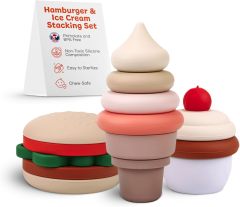 BPA-Free Silicone Toddler Stackable Toys,BPA-Free Silicone Toddler Stackable Toys- Stacking Blocks, Stacking Cups or Stacking Rings, Stacking Toys for Toddlers 6-12 Months to 3 Years Old- Burger | Cake- Ice Cream Baby Stacking Toys