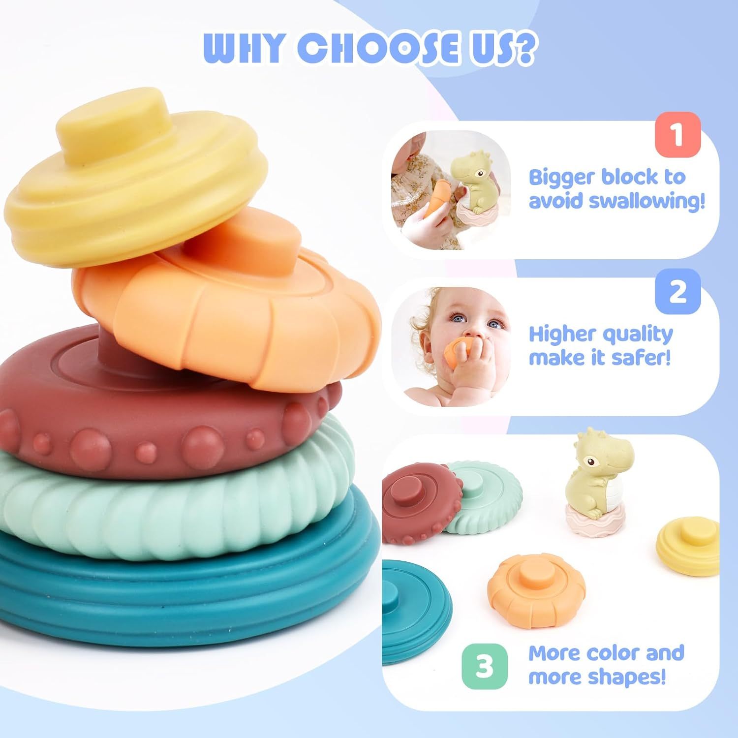 Stacking & Nesting Baby Toys,Stacking & Nesting Baby Toys: Squeeze Teething Baby Toys and Building Circle with Dinosaur Figure - Newborn Essentials for 6 12 18 Months Baby Toddler Boys 7 Pcs