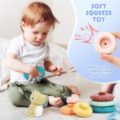Stacking & Nesting Baby Toys,Stacking & Nesting Baby Toys: Squeeze Teething Baby Toys and Building Circle with Dinosaur Figure - Newborn Essentials for 6 12 18 Months Baby Toddler Boys 7 Pcs