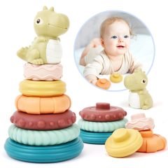 Stacking & Nesting Baby Toys,Stacking & Nesting Baby Toys: Squeeze Teething Baby Toys and Building Circle with Dinosaur Figure - Newborn Essentials for 6 12 18 Months Baby Toddler Boys 7 Pcs