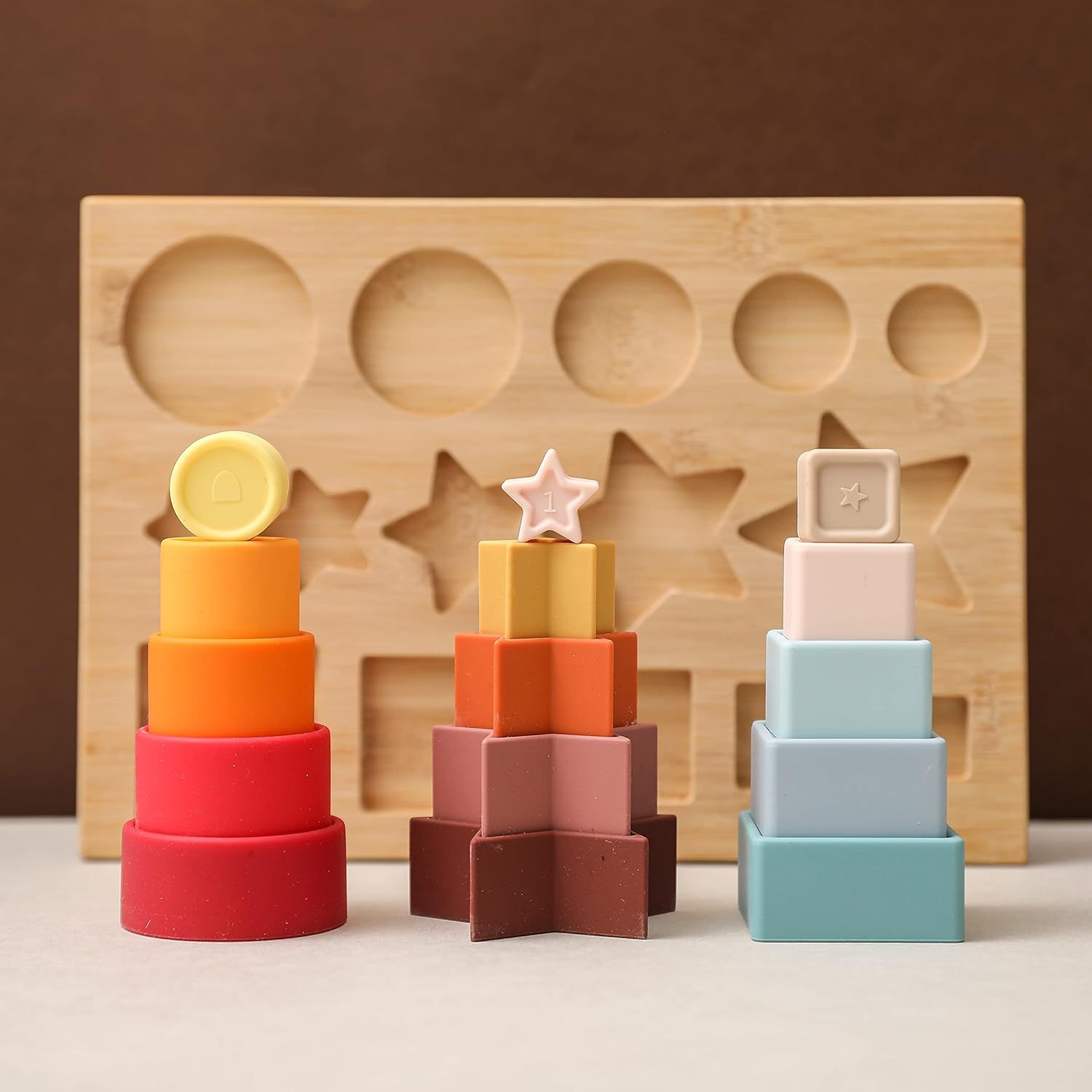 Shape Puzzles Silicone Stacking Cups,Shape Puzzles Silicone Stacking Cups Soft Nesting Cups Rainbow Montessori Shapes Recognition for Boys and Girls Learning Toy for Baby Toddler with Wooden Base