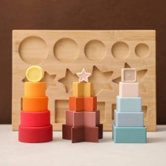 Shape Puzzles Silicone Stacking Cups,Shape Puzzles Silicone Stacking Cups Soft Nesting Cups Rainbow Montessori Shapes Recognition for Boys and Girls Learning Toy for Baby Toddler with Wooden Base