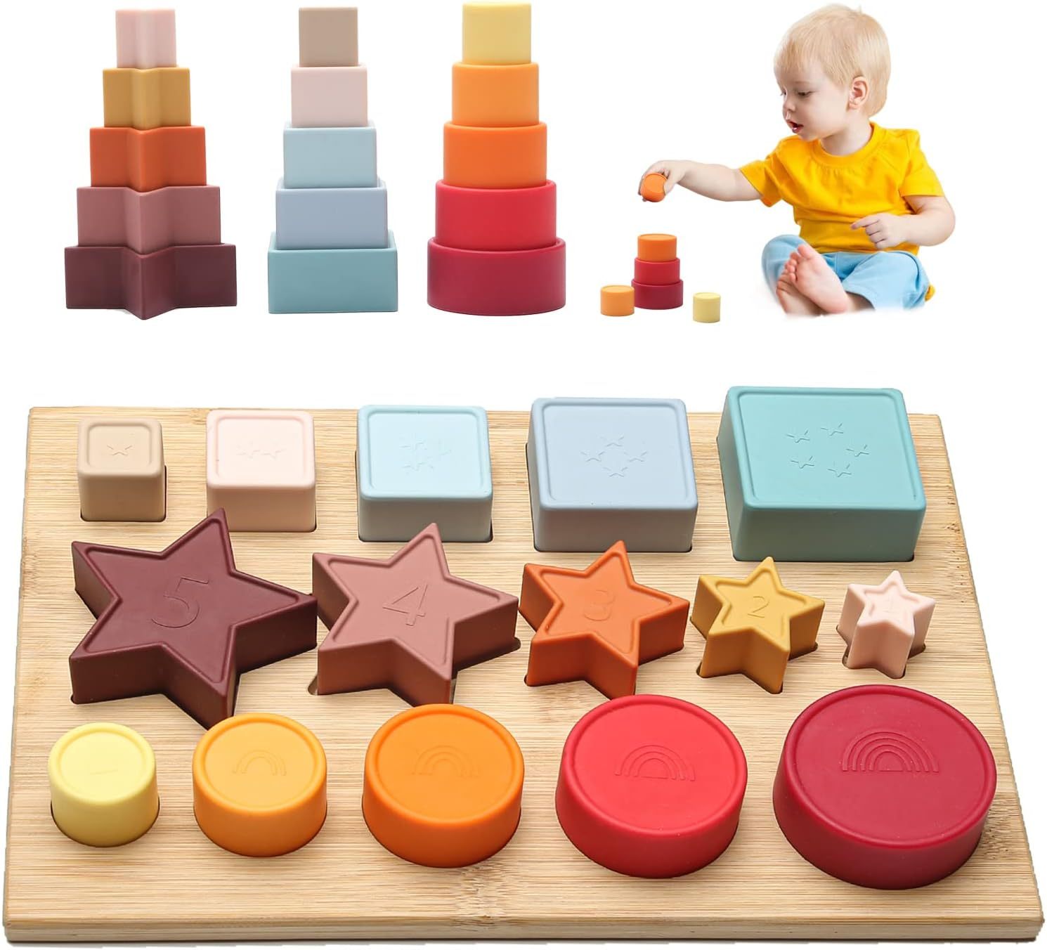 Shape Puzzles Silicone Stacking Cups,Shape Puzzles Silicone Stacking Cups Soft Nesting Cups Rainbow Montessori Shapes Recognition for Boys and Girls Learning Toy for Baby Toddler with Wooden Base