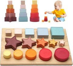 Shape Puzzles Silicone Stacking Cups,Shape Puzzles Silicone Stacking Cups Soft Nesting Cups Rainbow Montessori Shapes Recognition for Boys and Girls Learning Toy for Baby Toddler with Wooden Base