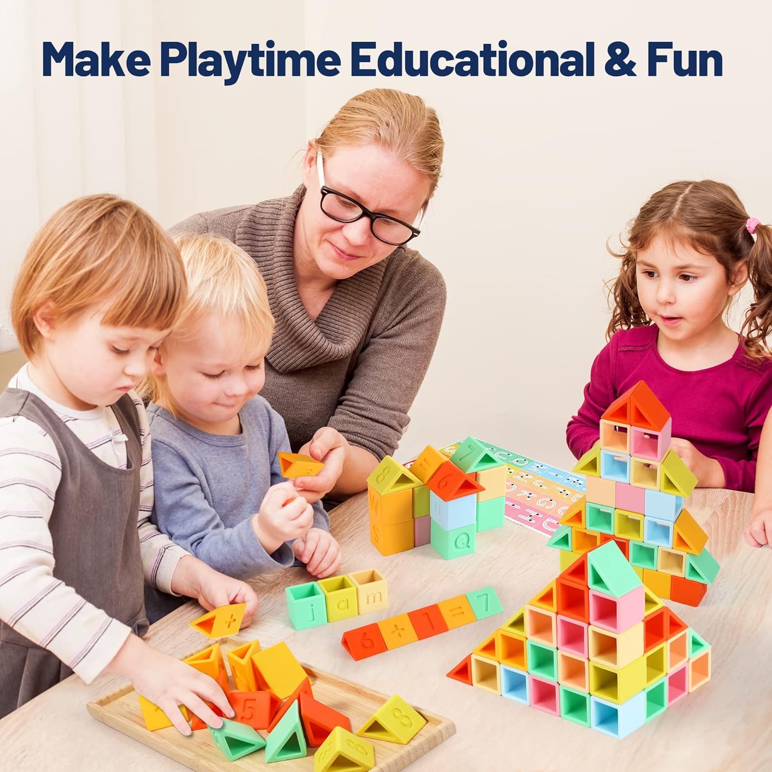 Silicone Building Stacking Blocks for Baby,5 in 1 Montessori Silicone Building Blocks Rainbow Stacker Soft Stacking Blocks for Baby