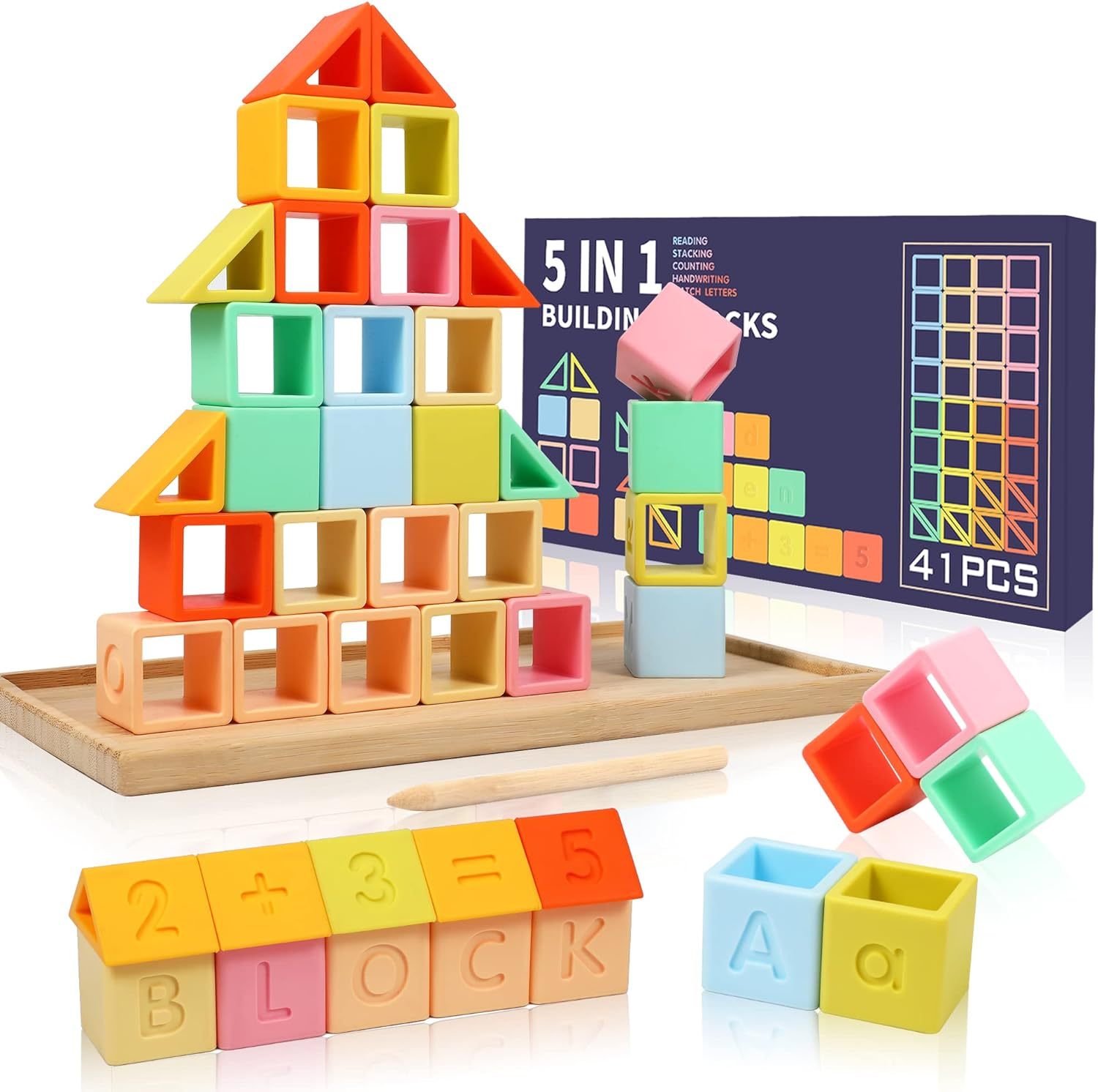 Silicone Building Stacking Blocks for Baby,5 in 1 Montessori Silicone Building Blocks Rainbow Stacker Soft Stacking Blocks for Baby