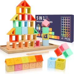 Silicone Building Stacking Blocks for Baby,5 in 1 Montessori Silicone Building Blocks Rainbow Stacker Soft Stacking Blocks for Baby
