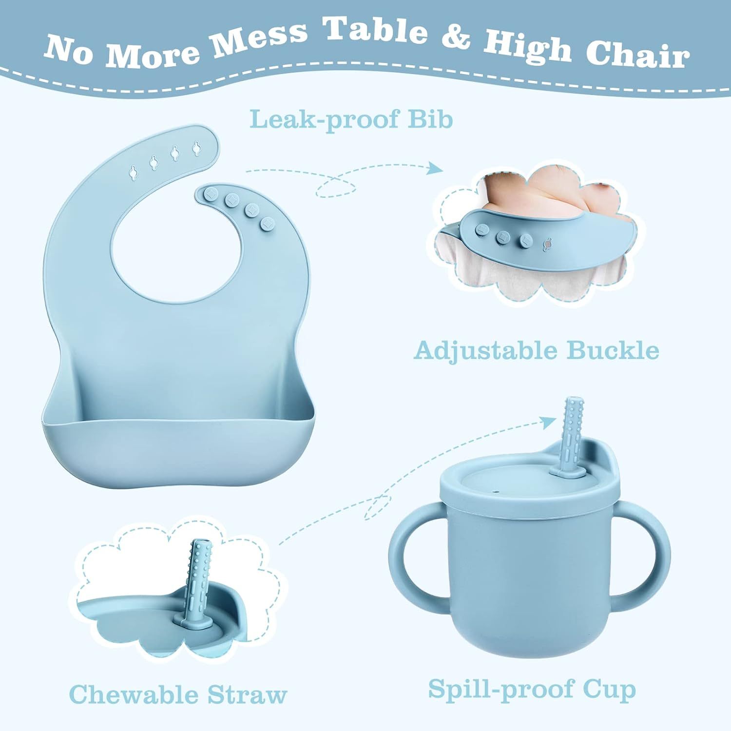 Silicone Baby Feeding Set,Silicone Baby Feeding Set, Baby Led Weaning Supplies with Suction Bowl Divided Plate, Toddler Self Feeding Dish Set with Spoons Forks Sippy Cup Adjustable Bib,  baby feeding set silicone, baby first feeding set, best silicone baby feeding set