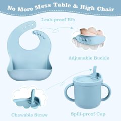 Silicone Baby Feeding Set,Silicone Baby Feeding Set, Baby Led Weaning Supplies with Suction Bowl Divided Plate, Toddler Self Feeding Dish Set with Spoons Forks Sippy Cup Adjustable Bib,  baby feeding set silicone, baby first feeding set, best silicone baby feeding set