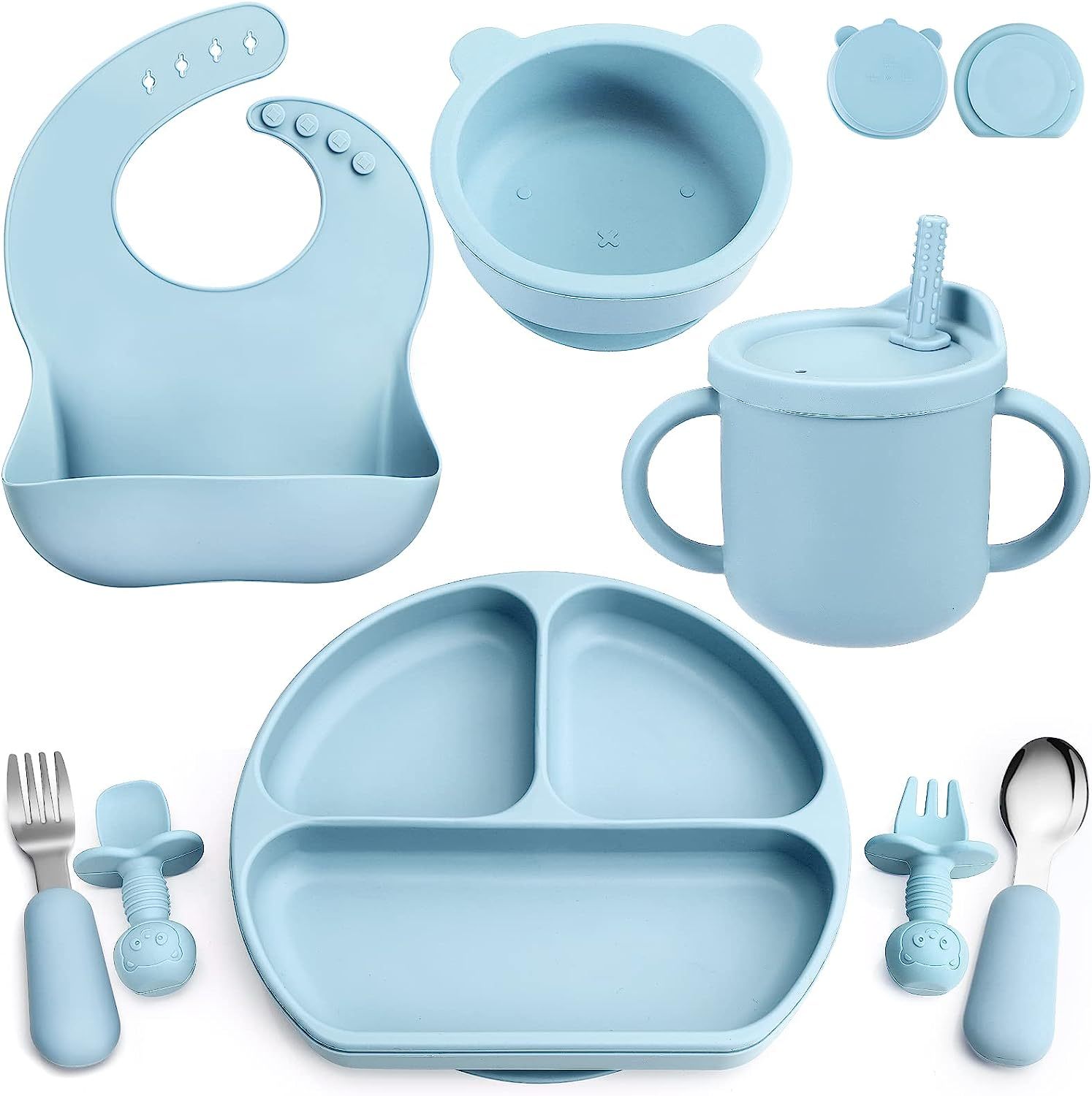 Silicone Baby Feeding Set,Silicone Baby Feeding Set, Baby Led Weaning Supplies with Suction Bowl Divided Plate, Toddler Self Feeding Dish Set with Spoons Forks Sippy Cup Adjustable Bib,  baby feeding set silicone, baby first feeding set, best silicone baby feeding set