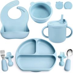 Silicone Baby Feeding Set,Silicone Baby Feeding Set, Baby Led Weaning Supplies with Suction Bowl Divided Plate, Toddler Self Feeding Dish Set with Spoons Forks Sippy Cup Adjustable Bib,  baby feeding set silicone, baby first feeding set, best silicone baby feeding set