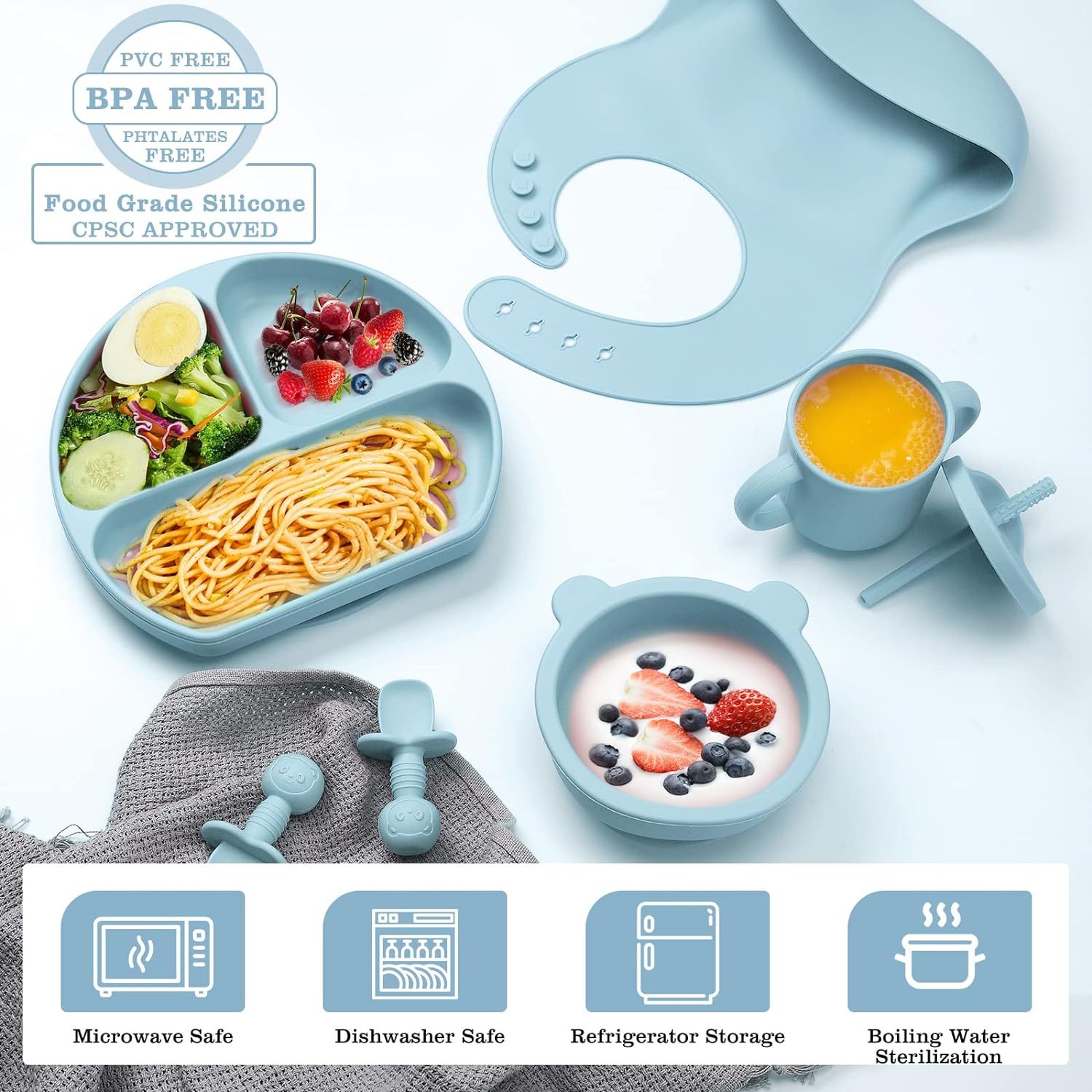 Silicone Baby Feeding Set,Silicone Baby Feeding Set, Baby Led Weaning Supplies with Suction Bowl Divided Plate, Toddler Self Feeding Dish Set with Spoons Forks Sippy Cup Adjustable Bib,  baby feeding set silicone, baby first feeding set, best silicone baby feeding set