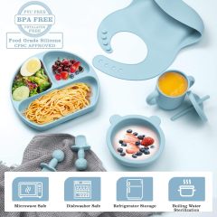 Silicone Baby Feeding Set,Silicone Baby Feeding Set, Baby Led Weaning Supplies with Suction Bowl Divided Plate, Toddler Self Feeding Dish Set with Spoons Forks Sippy Cup Adjustable Bib,  baby feeding set silicone, baby first feeding set, best silicone baby feeding set