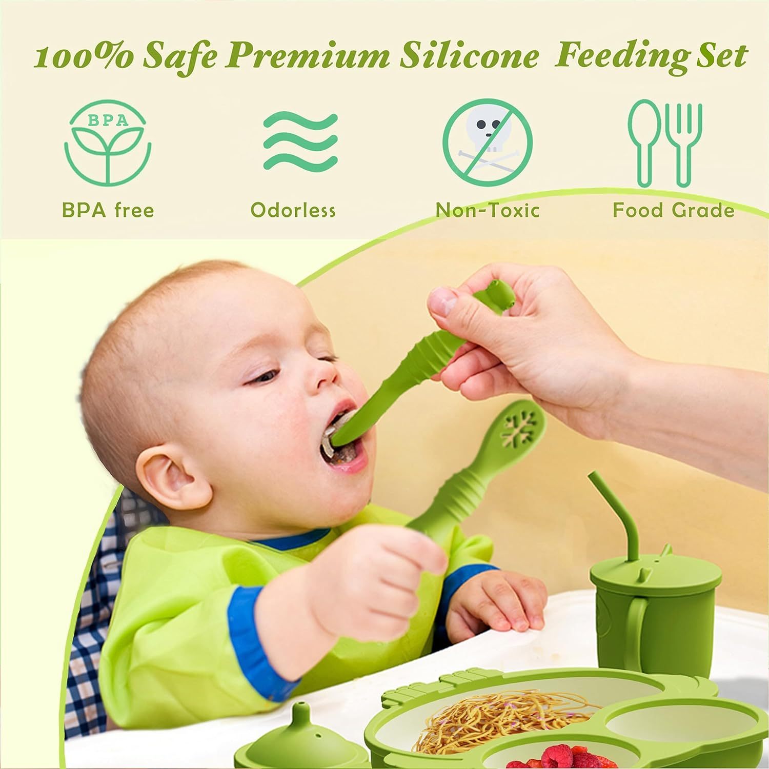 Silicone Baby Feeding Set,Baby Led Weaning Supplies, Silicone Baby Feeding Set - Baby Bowls and Plates with Suction, Toddler Spoons and Fork,  baby feeding set silicone, baby first feeding set, best silicone baby feeding set