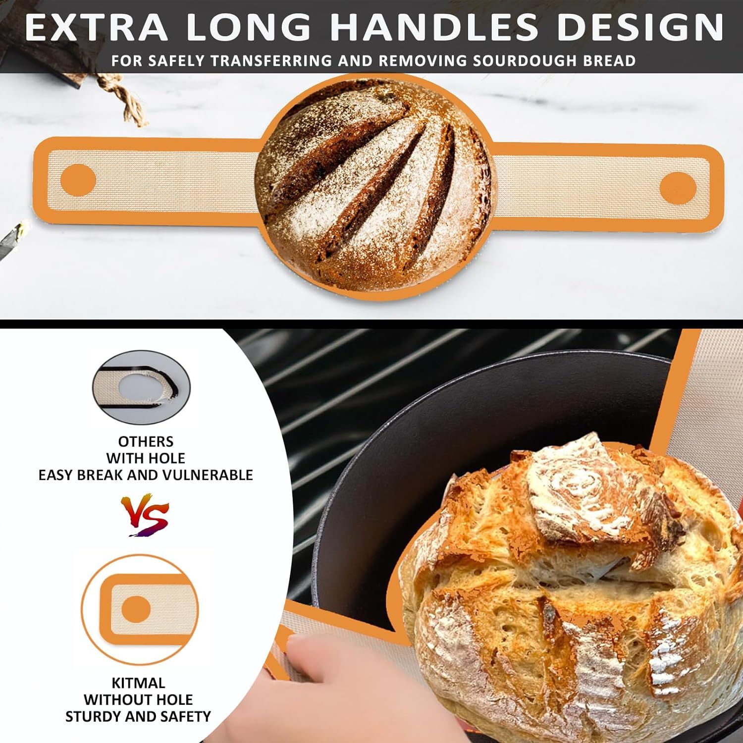 Silicone Bread Sling Oval and Round for Dutch Oven,Silicone Bread Sling Oval and Round for Dutch Oven, Non Stick Reusable Silicone Baking Mat with Long Handles Sourdough Bread Baking Supplies and Making Tools