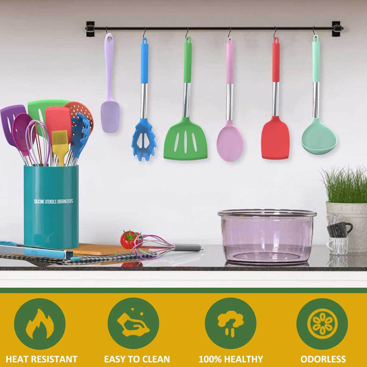 Kitchen Utensils Set,Kitchen Utensils Set, 15 pcs Silicone Cooking Kitchen Utensils Set, Non-stick Silicone Stainless Steel Handle Turner Spatula Spoon Tongs Whisk Cookware