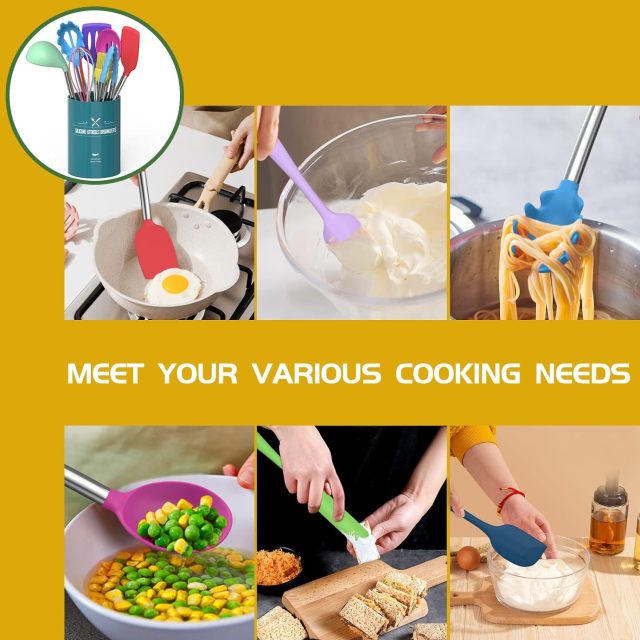 Kitchen Utensils Set,Kitchen Utensils Set, 15 pcs Silicone Cooking Kitchen Utensils Set, Non-stick Silicone Stainless Steel Handle Turner Spatula Spoon Tongs Whisk Cookware