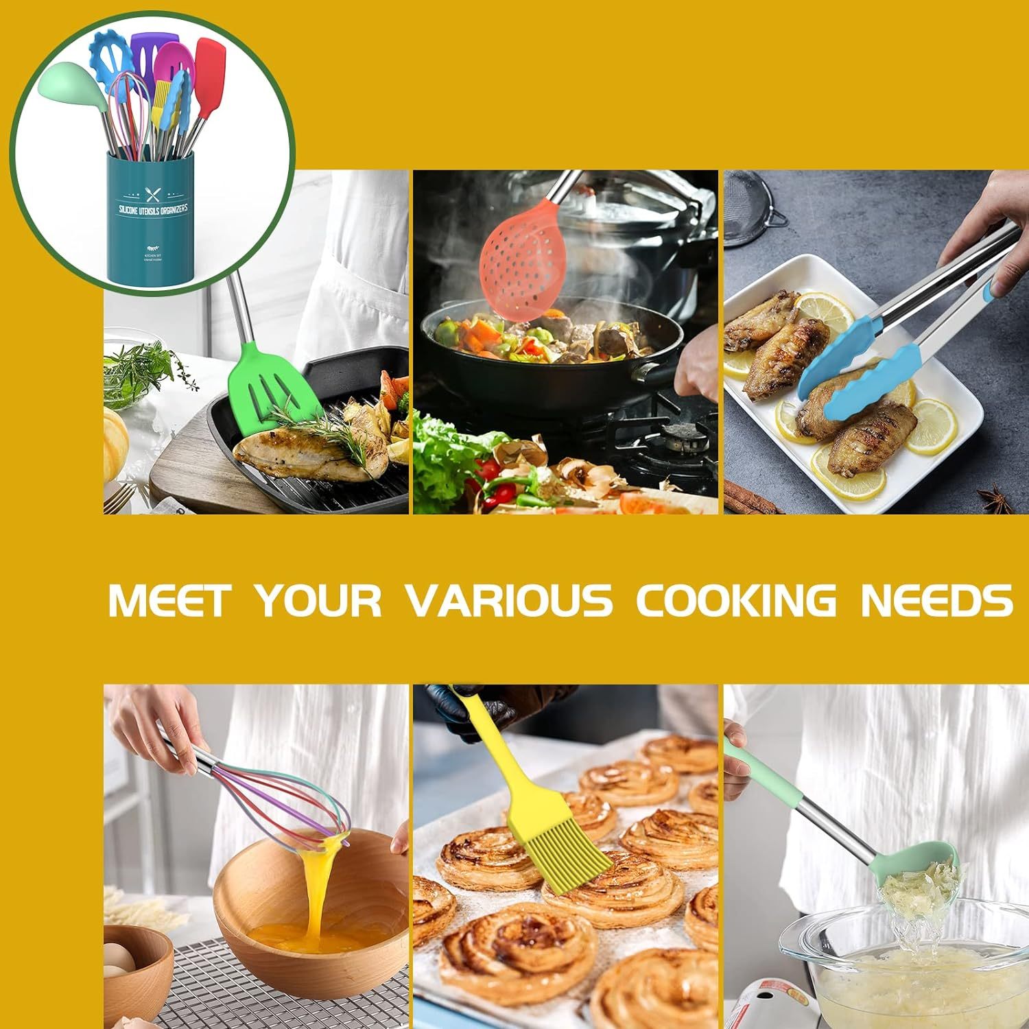 Kitchen Utensils Set,Kitchen Utensils Set, 15 pcs Silicone Cooking Kitchen Utensils Set, Non-stick Silicone Stainless Steel Handle Turner Spatula Spoon Tongs Whisk Cookware