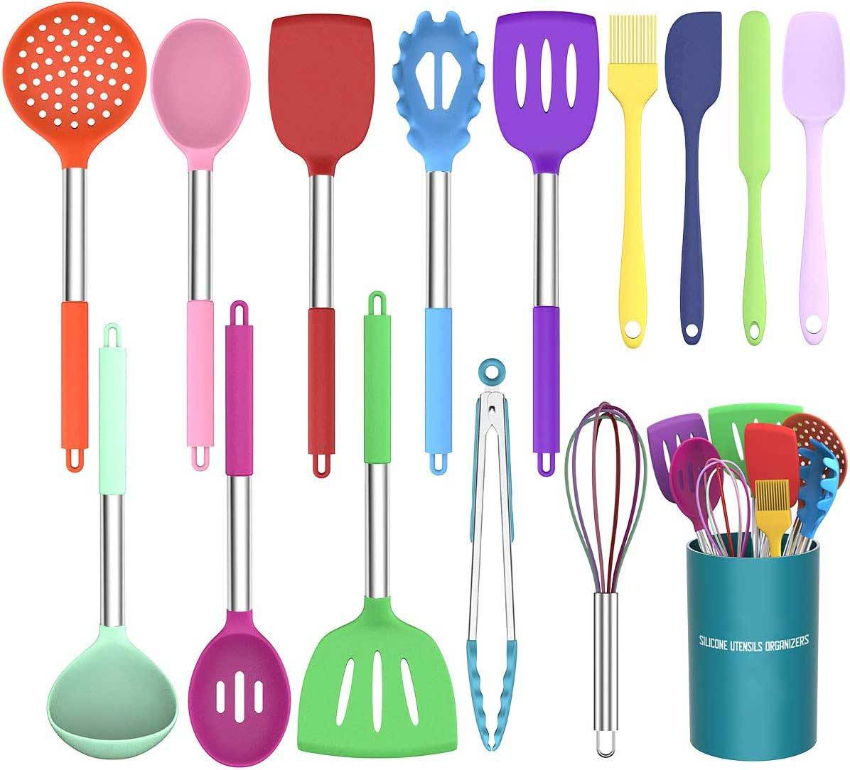 Kitchen Utensils Set,Kitchen Utensils Set, 15 pcs Silicone Cooking Kitchen Utensils Set, Non-stick Silicone Stainless Steel Handle Turner Spatula Spoon Tongs Whisk Cookware