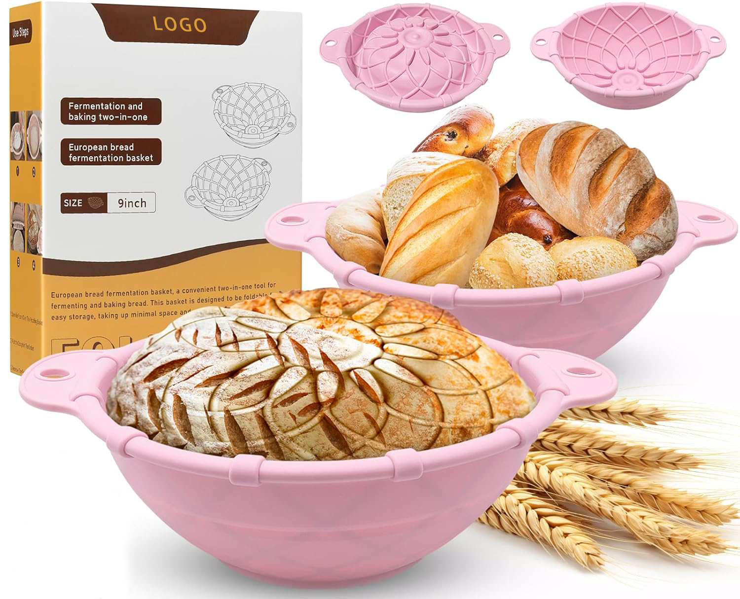 Silicone Bread Baking Basket,Sourdough Bread Baking Supplies Set，Proofing Basket, Silicone Bread Baking Basket, 9 Inch Collapsible Bowl, Complete Tools Kit for Sourdoughs,Pink Proofing Baskets for Bread Making