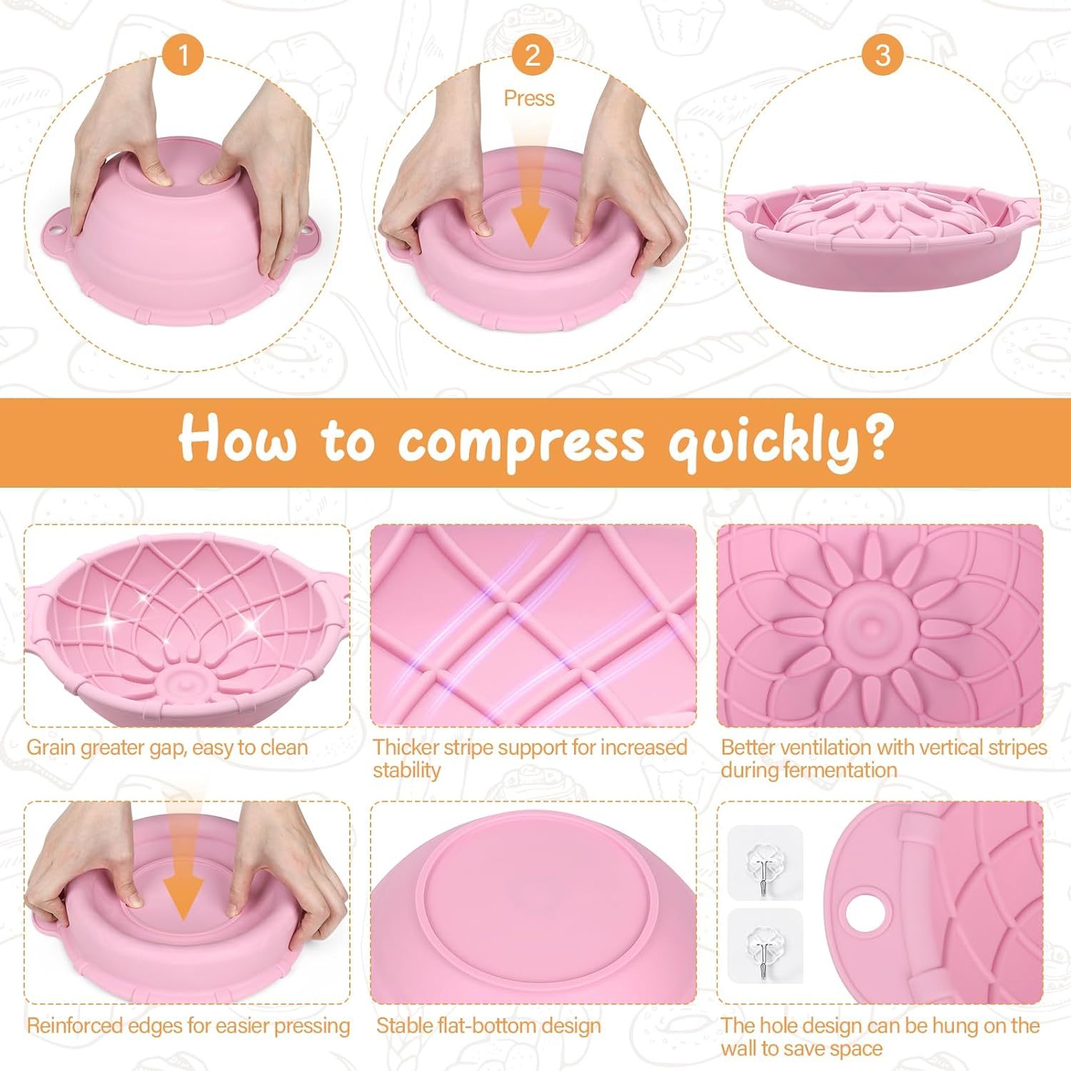 Silicone Bread Baking Basket,Sourdough Bread Baking Supplies Set，Proofing Basket, Silicone Bread Baking Basket, 9 Inch Collapsible Bowl, Complete Tools Kit for Sourdoughs,Pink Proofing Baskets for Bread Making