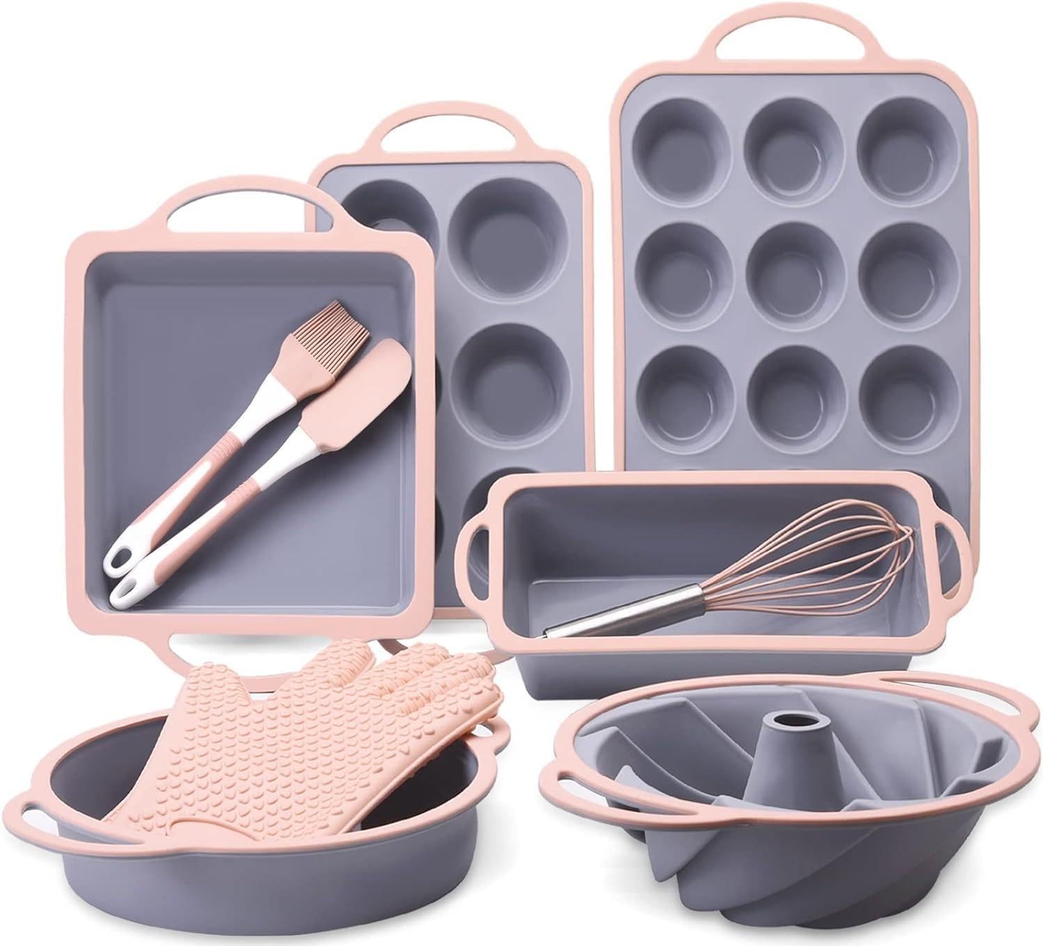Silicone Bakeware Sets,Silicone Bakeware Sets, Silicone Baking Pans Set, Baking Set, Bundt Cake Pan Set, Muffin Pan with Silicone Spatulas Pastry Brush Oven Mitts Whisk, Silicone Baking Pan Set for Cheesecake， non stick bakeware set,  bakeware silicone set, good bakeware set