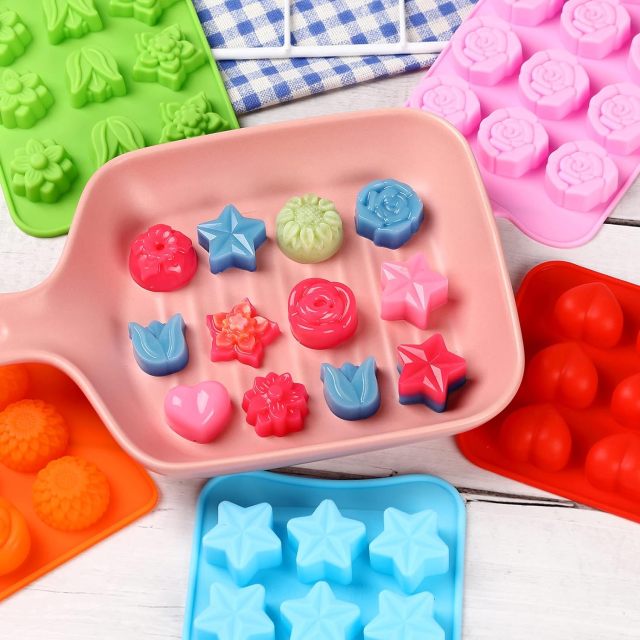 Flower Shape Chocolate Candy Molds Set,Flower Shape Chocolate Candy Molds Set,Heart,The stars,The rose,Flowers in Combination,15 Cavity Silicone Baking Mold Ice Cube Tray-Wedding,Festival,Parties and DIY Crafts