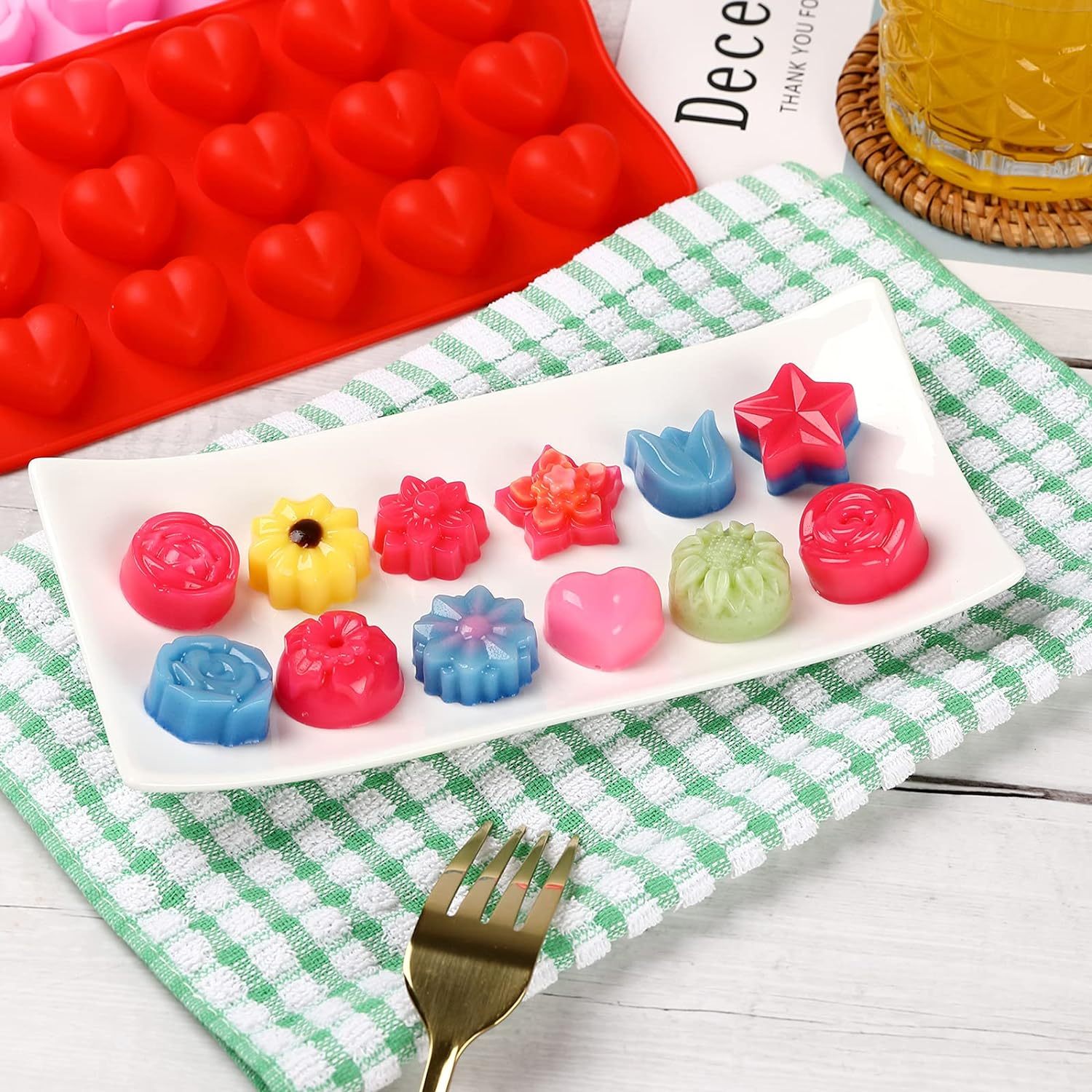 Flower Shape Chocolate Candy Molds Set,Flower Shape Chocolate Candy Molds Set,Heart,The stars,The rose,Flowers in Combination,15 Cavity Silicone Baking Mold Ice Cube Tray-Wedding,Festival,Parties and DIY Crafts
