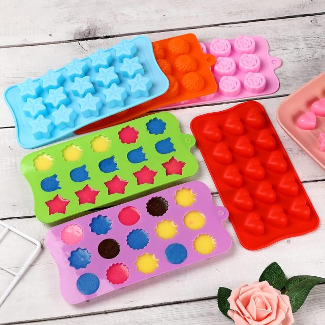 Flower Shape Chocolate Candy Molds Set,Flower Shape Chocolate Candy Molds Set,Heart,The stars,The rose,Flowers in Combination,15 Cavity Silicone Baking Mold Ice Cube Tray-Wedding,Festival,Parties and DIY Crafts