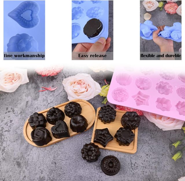 Flower Soap Molds,Flower Soap Molds, 12 Cavities Different Shapes Silicone Molds for Soap, Lotion Bar, Bath Bombs, Chocolate, Candy