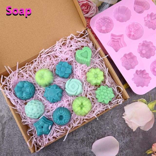 Flower Soap Molds,Flower Soap Molds, 12 Cavities Different Shapes Silicone Molds for Soap, Lotion Bar, Bath Bombs, Chocolate, Candy