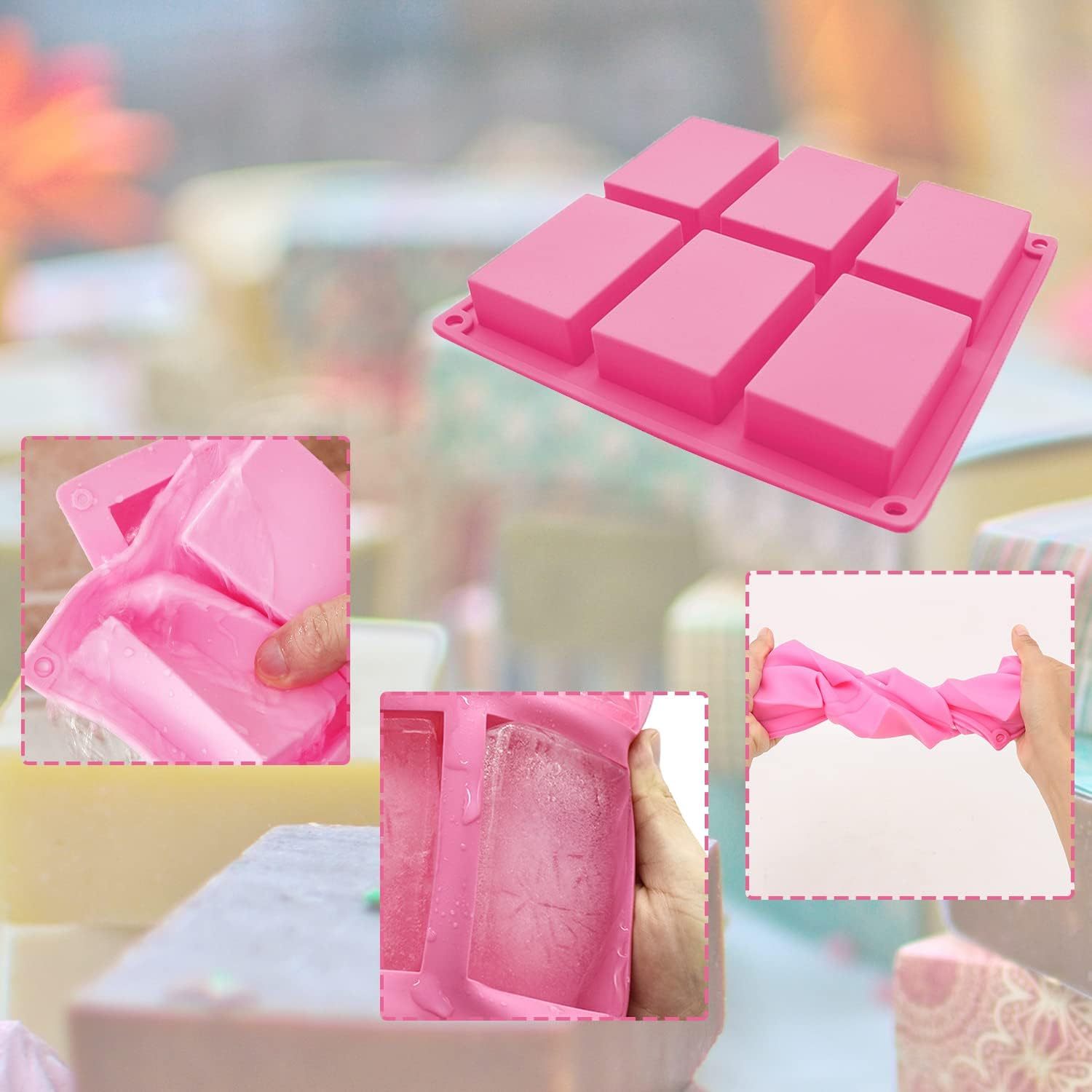 Silicone Soap Molds,Silicone Soap Molds, 6 Cavities Flower Making Mold, Included Rectangle Shape Supplies, Perfect for Handmade Soaps, Homemade Chocolate