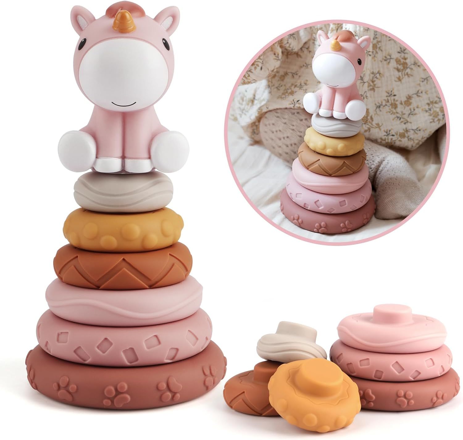 7 Pcs Stacking & Nesting Baby Toys,7 Pcs Stacking & Nesting Baby Toys, Squeeze Teething Baby Toys and Building Circle with Pink Horse Figure, Newborn Essentials，teether toys, teether toys for infants, teether toys for 3 month old