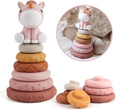 7 Pcs Stacking & Nesting Baby Toys,7 Pcs Stacking & Nesting Baby Toys, Squeeze Teething Baby Toys and Building Circle with Pink Horse Figure, Newborn Essentials，teether toys, teether toys for infants, teether toys for 3 month old