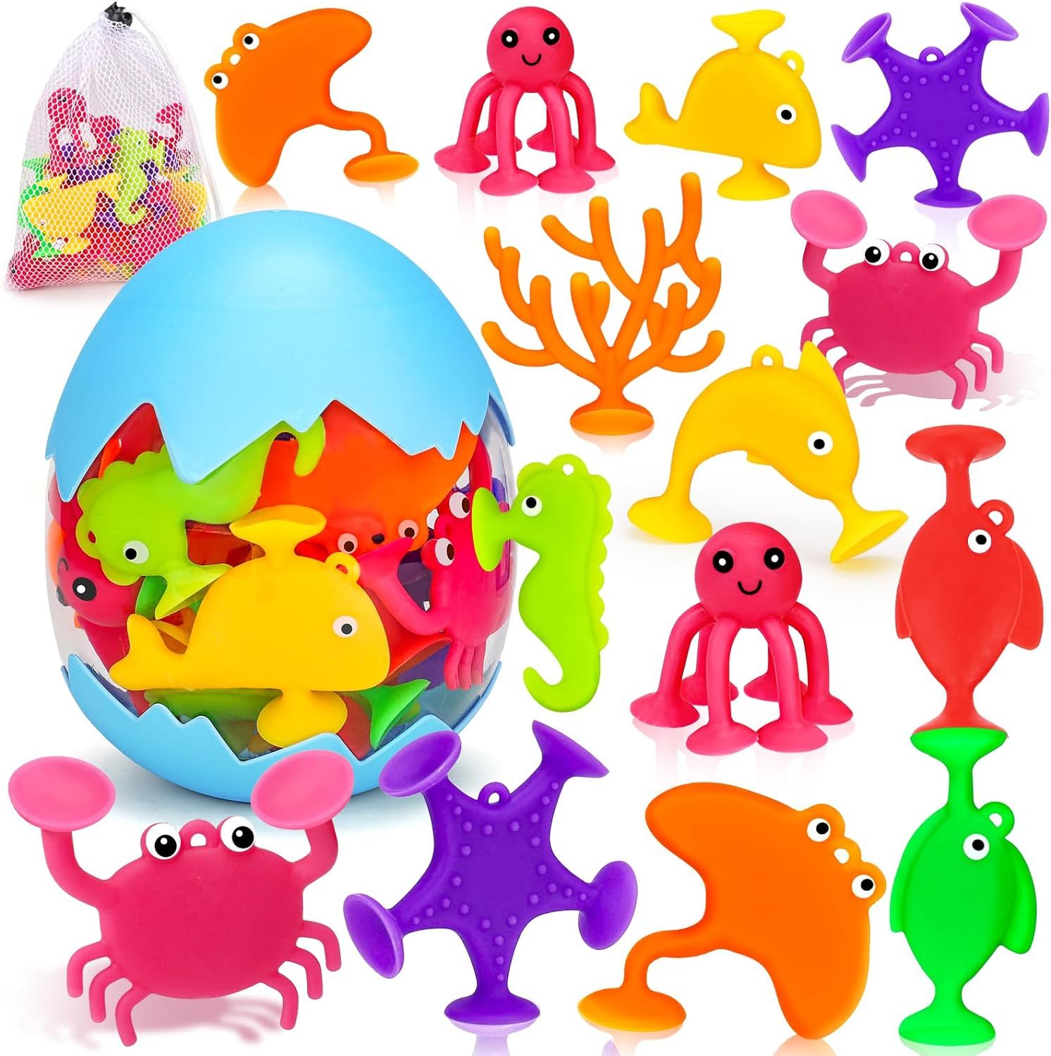 Toddler Suction Bath Toys,Toddler Suction Bath Toys: 18PCS Ocean Silicone Suction Cup Toys with Eggshell,best bath toys baby