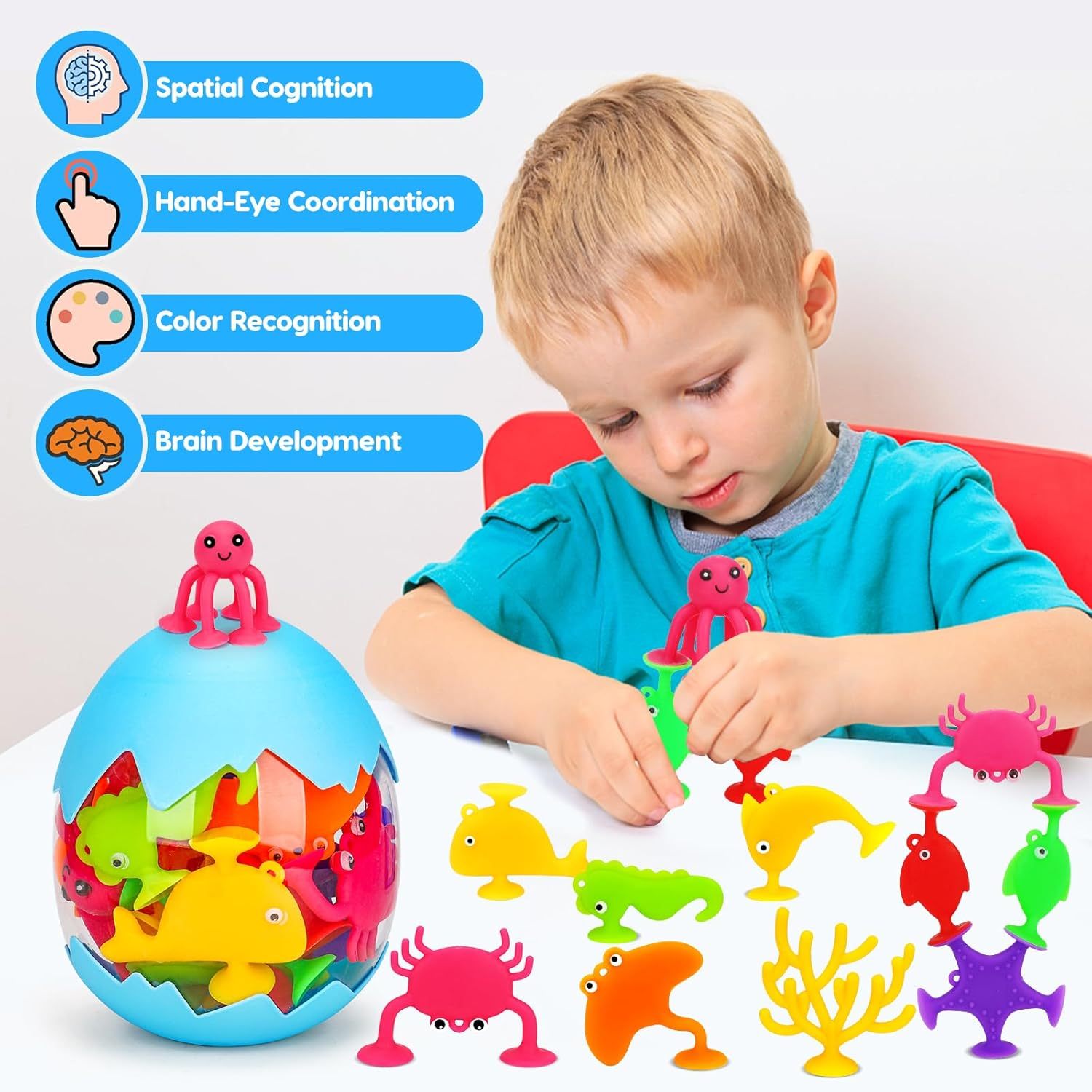Toddler Suction Bath Toys,Toddler Suction Bath Toys: 18PCS Ocean Silicone Suction Cup Toys with Eggshell,best bath toys baby