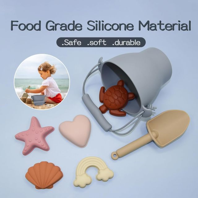 8Pcs Silicone Beach Toys for Kids,8Pcs Silicone Beach Toys for Kids 3-10, Sand Toys Including Bucket, Shovel, 5 Sand Molds, Beach Bag, Eco Friendly Toy, Travel Sand Toys for Beach, Sand Toys for Toddlers
