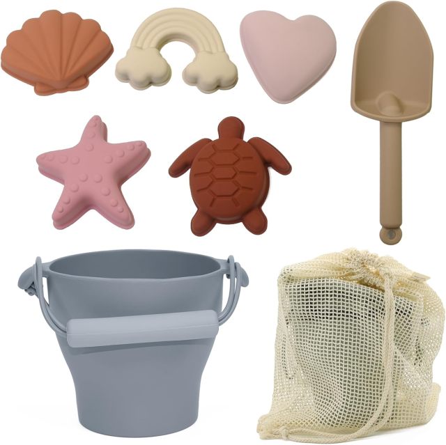 8Pcs Silicone Beach Toys for Kids,8Pcs Silicone Beach Toys for Kids 3-10, Sand Toys Including Bucket, Shovel, 5 Sand Molds, Beach Bag, Eco Friendly Toy, Travel Sand Toys for Beach, Sand Toys for Toddlers