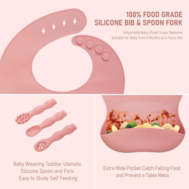 Silicone Baby Feeding Set(10 Pcs),Baby Weaning Set, Silicone Baby Feeding Set(10 Pcs), Toddler Weaning Set with Adjustable Bib, Suction Bowl, Plate, Fork, Spoon, Water & Snack Cup Kit, Baby Led Weaning Kit for Babies and Kids