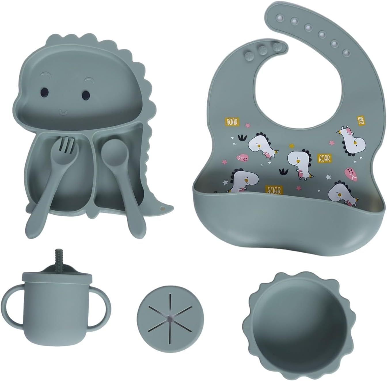 Silicone Baby Feeding Set,Silicone Baby Feeding Set, Baby Led Weaning Supplies, Eating Essentials Utensils with Suction Plate and Bowl, Pocket Bib, Sippy Cup with Lid, Forks Spoons Snack Container
