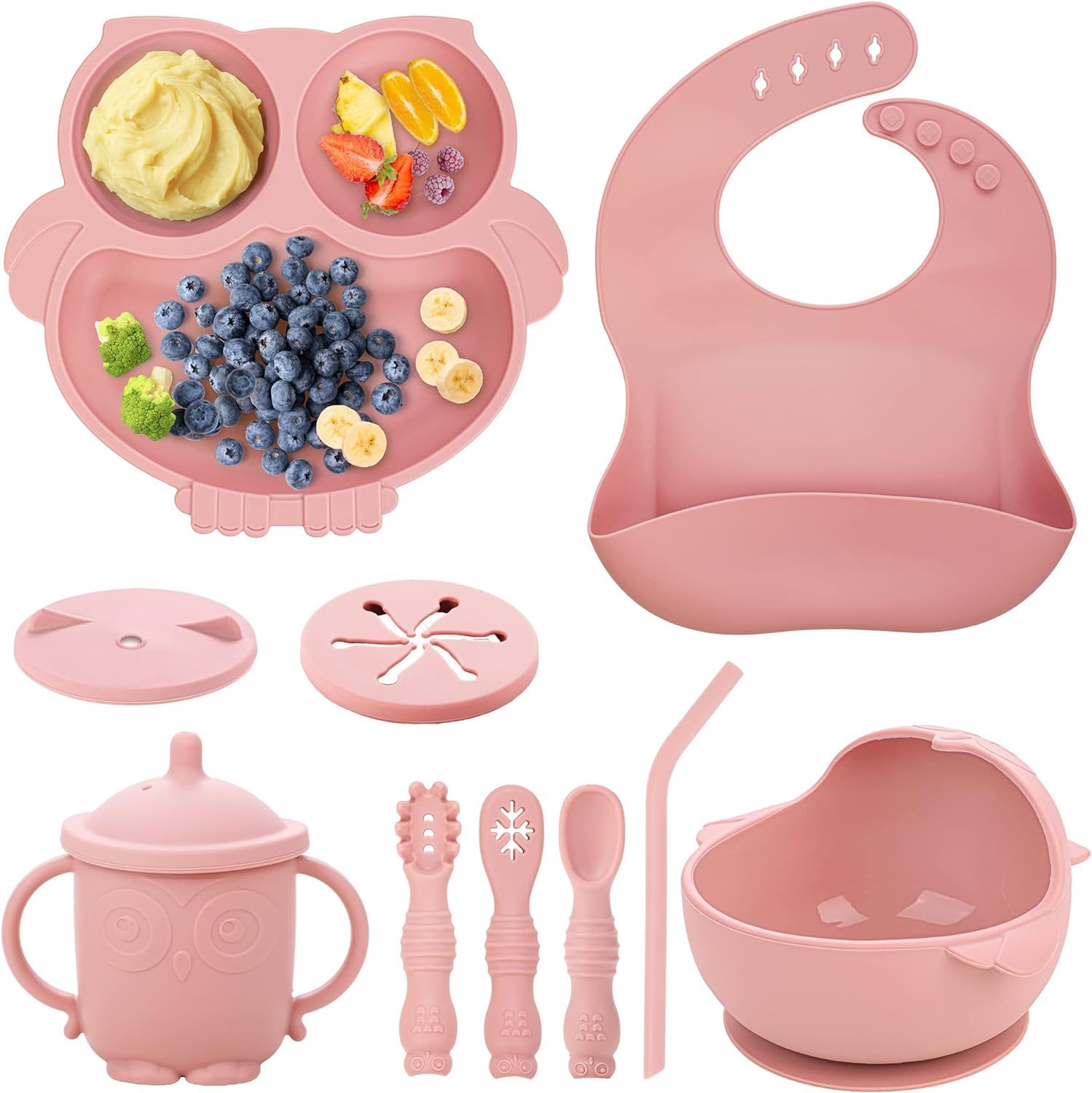 Silicone Baby Feeding Set(10 Pcs),Baby Weaning Set, Silicone Baby Feeding Set(10 Pcs), Toddler Weaning Set with Adjustable Bib, Suction Bowl, Plate, Fork, Spoon, Water & Snack Cup Kit, Baby Led Weaning Kit for Babies and Kids