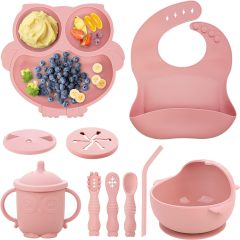 Silicone Baby Feeding Set(10 Pcs),Baby Weaning Set, Silicone Baby Feeding Set(10 Pcs), Toddler Weaning Set with Adjustable Bib, Suction Bowl, Plate, Fork, Spoon, Water & Snack Cup Kit, Baby Led Weaning Kit for Babies and Kids