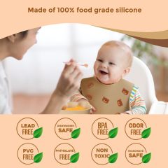 Silicone Baby Feeding Set - 7 Piece,Silicone Baby Feeding Set - 7 Piece - Printed bear Baby Led Weaning Supplies - Suction Bowl, Divided Plate, Adjustable Bib, Snackcup, Cup, Eating Utensils and Baby Dishes for 6+ Months