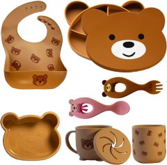 Silicone Baby Feeding Set - 7 Piece,Silicone Baby Feeding Set - 7 Piece - Printed bear Baby Led Weaning Supplies - Suction Bowl, Divided Plate, Adjustable Bib, Snackcup, Cup, Eating Utensils and Baby Dishes for 6+ Months