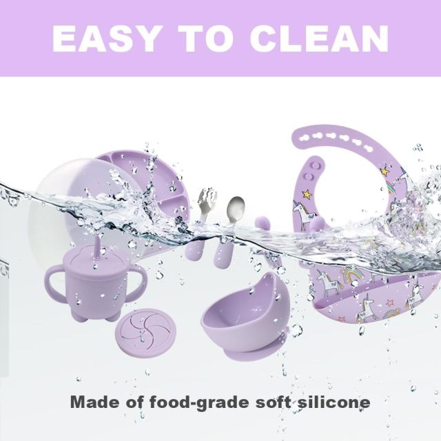 Silicone Baby Purple Feeding Set,,Silicone Baby Purple Feeding Set, Baby Led Weaning Supplies with Suction Bowl Divided Plate, Toddler Self Feeding Dish Set with Spoons Forks Sippy Cup Adjustable Bib, Eating Utensils